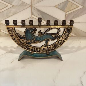 Vintage Brass Menorah Lion of Judah Twelve Tribes of Israel Candle Holder